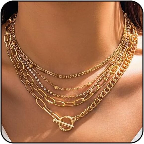 Layered Gold Necklace for Women Non Tarnish Chunky Paperclip Heart Jewelry Set - Picture 1 of 6